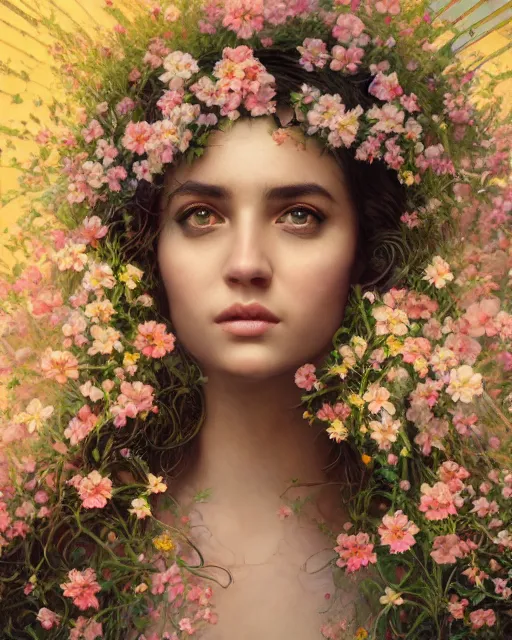 Image similar to portrait of a middle eastern girl, surrounded by flowers by karol bak, james jean, tom bagshaw, rococo, sharp focus, trending on artstation, cinematic lighting, hyper realism, octane render, 8 k, hyper detailed.