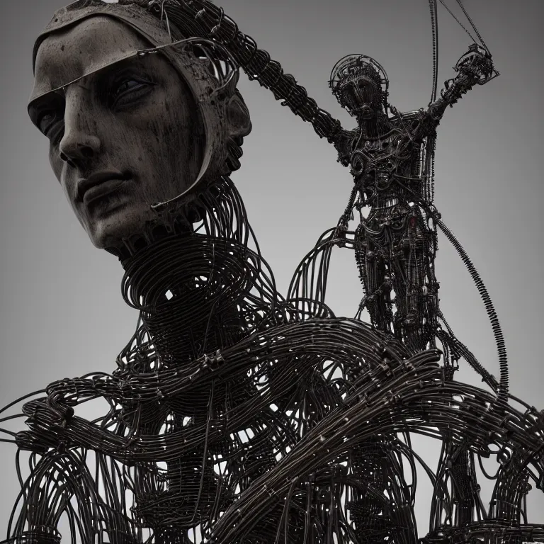 Prompt: dark biomechanical religious sculpture statue of Jesus on cross made of wires cables tubes, cyberpunk, baroque painting, beautiful detailed intricate insanely detailed octane render, 8K artistic photography, photorealistic, chiaroscuro, Raphael, Caravaggio, Giger, Beksinski BW