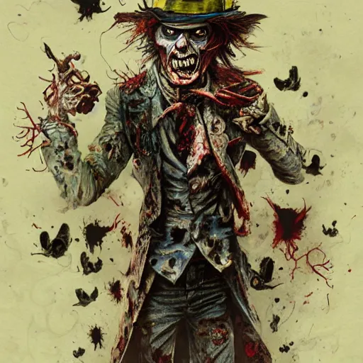 Prompt: Zombie mad hatter, detailed intricate ink illustration, dark atmosphere, detailed illustration, hd, 4k, digital art, overdetailed art, concept art, by greg rutkowski, by loish, complementing colors, Trending on artstation, deviantart