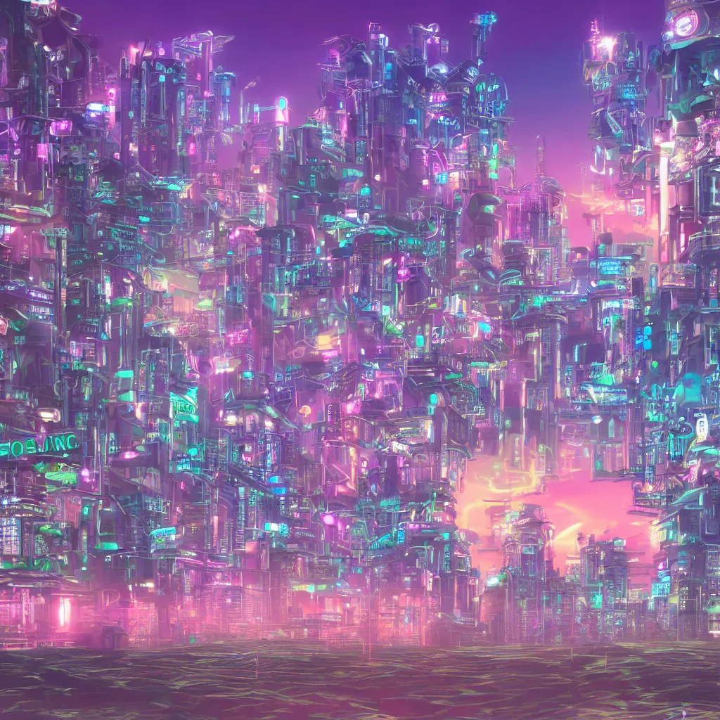 Image similar to cyber steampunk vaporwave city at dawn