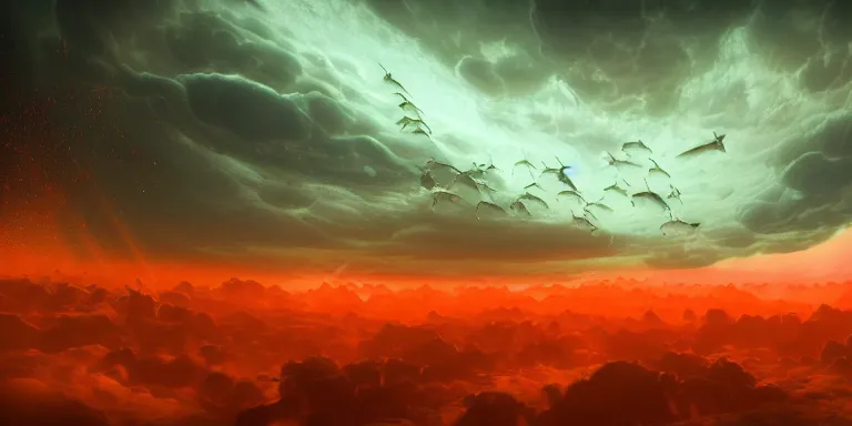 Prompt: throng of various alien flying shiny fish - like creatures, in the style of edwin salpeter. scene set in the upper atmosphere of jupiter. electrical storms. beautiful clouds. volumetric real lighting. real light and shadows. dim sun. astronomy. artstation, octane, real details, fog, 8 k, hd, warm red and orange shades.