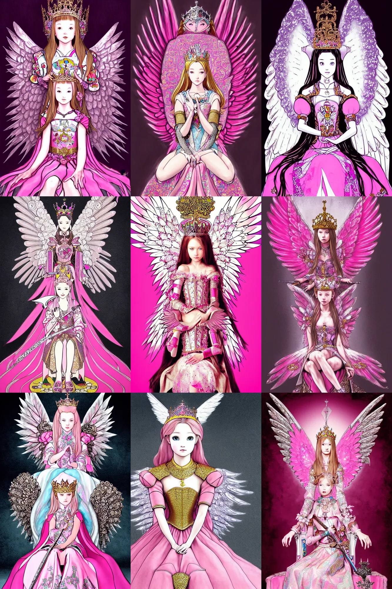 Prompt: gorgeous!! hyper - realistic princess wearing ornate pink knight armor, angel wings l sitting at the thrown | concept art, illustration | drawn by takashi murakami