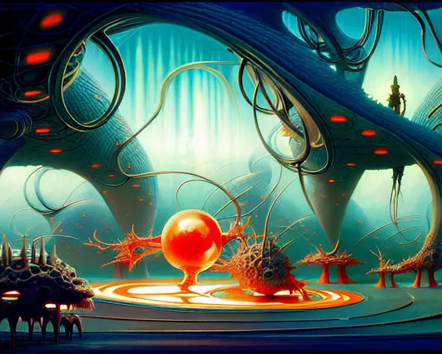 Prompt: futuristic mcdonalds, fantasy landscape made of fractals facing each other, ultra realistic, wide angle, intricate details, the fifth element artifacts, highly detailed by peter mohrbacher, hajime sorayama, wayne barlowe, boris vallejo, aaron horkey, gaston bussiere, craig mullins