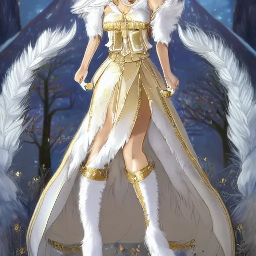 Image similar to commissioned full body portrait of a female anthropomorphic furry wolf princess fursona with white hair wearing a white and gold armored dress in a white and gold palace, by Wlop and jerry park, artstation, extremely detailed