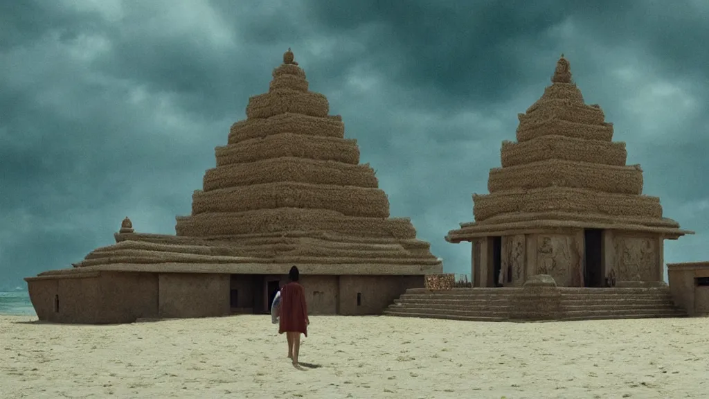 Image similar to the strange temple on the beach, they walk inside, film still from the movie directed by denis villeneuve and david cronenberg with art direction by salvador dali, wide lens