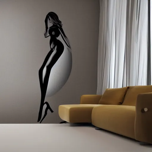 Image similar to a large flaurecent lamp in a shape of woman body placed in a living room, designer pencil 3d sketch, HD resolution