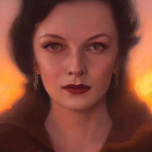 Prompt: closeup portrait of a young vivian leigh, seductive smile, chiaroscuro, city background, golden hour, dramatic lighting, complementary contrast, high detail, painted by greg rutkowski, painted by igor kieryluk, trending on artstation