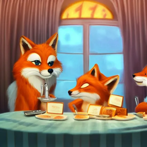 Prompt: foxes judging a cheese competition, furry, cute, disney style, artstation, detailed, award winning, dramatic lighting, cheese, fox, cheese competition, cheese contest, soft lighting, tv show, vaporwave, fox, cheese, zootopia