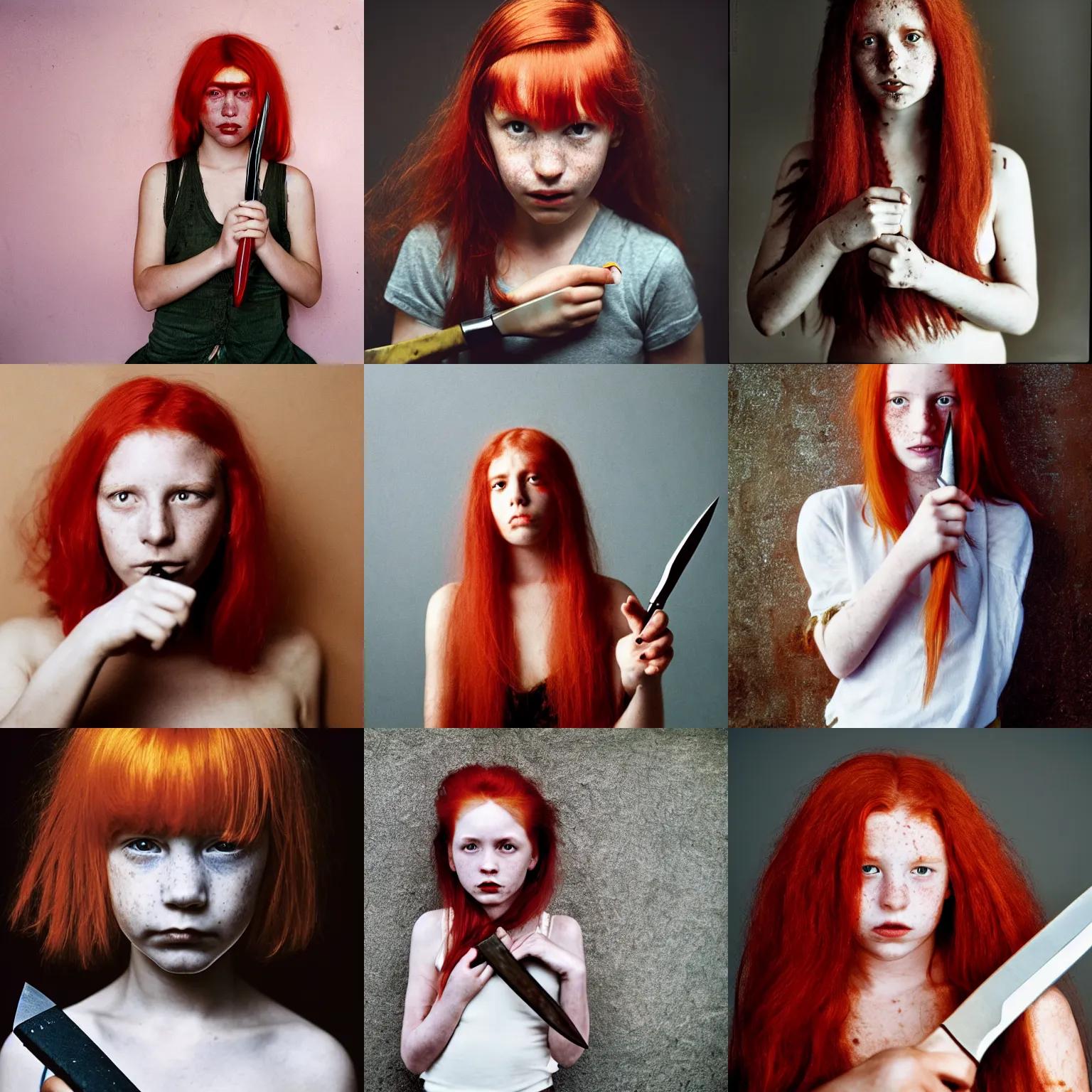 Prompt: photograph of a girl holding a knife taken by annie leibovitz, red hair, freckles