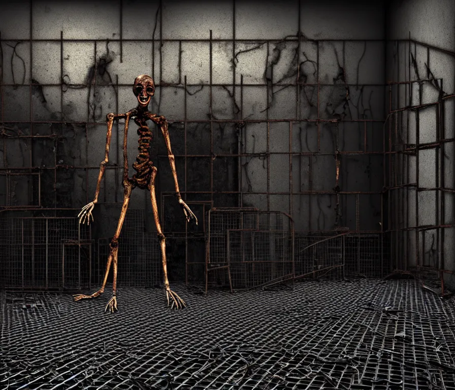 Prompt: creepy humanoid with long limbs sits on the floor. An underground very dark gloomy multi-layered structure of rusty thick iron grates, dense chain-link fencing and peeling walls. Inside view, collapsed floors, bent rusted iron, masterpiece, black background, corners, cinematic, hyperdetailed, photorealistic, hyperrealism, octane render, 8k, depth of field, bokeh, architecture, shadows, art by Zdzisław Beksiński, Arthur Rackham, Dariusz Zawadzki