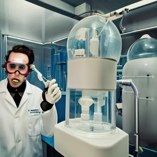 Image similar to a scientist in his futuristic lab. from his mouth is flowing a river of milk which is entering the mouth of an android. realistic. 3 5 mm. hdr. 8 k