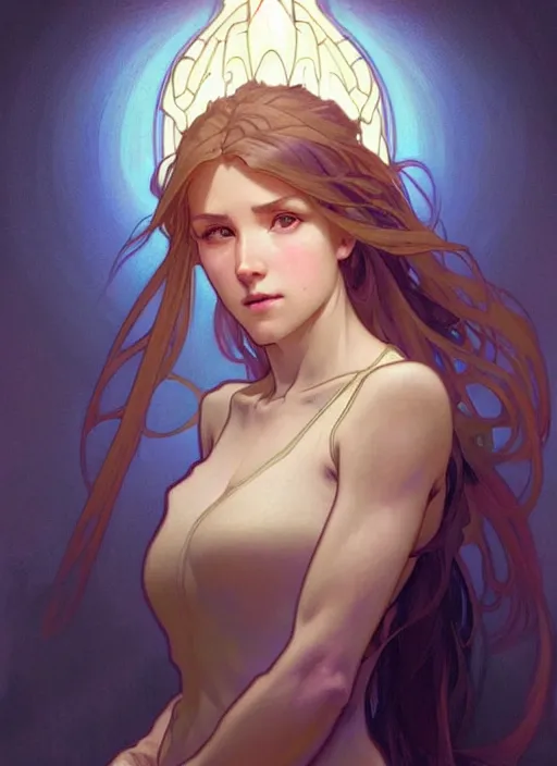 Image similar to digital character concept art by artgerm and greg rutkowski and alphonse mucha. clear portrait taken in 2 0 2 2 of a young wife blessed by god to uncontrollably become overwhelmingly perfect!! blonde, clothed! obviously feminine holy body!! light effect. hyper detailed, glowing lights!! intricate, elegant, digital painting, artstation, smooth, sharp focus