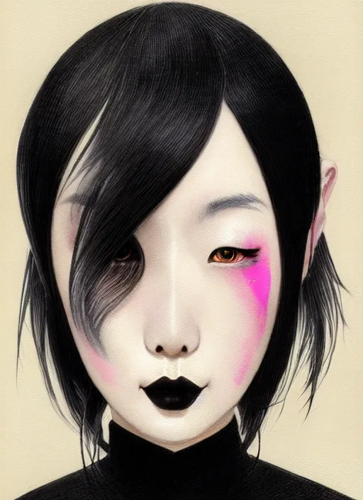 Image similar to portrait of a japanese woman with a crooked nose and a confident expression, 1 9 6 0 s, black clothes, goth, punk, brightly coloured hair, funk, intricate, elegant, highly detailed, digital painting, artstation, concept art, smooth, sharp focus, illustration, art by wlop, mars ravelo and greg rutkowski