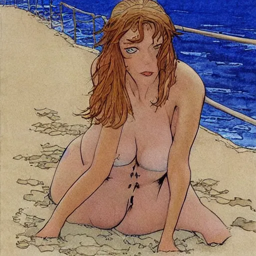 Image similar to a woman at the beach, milo manara style