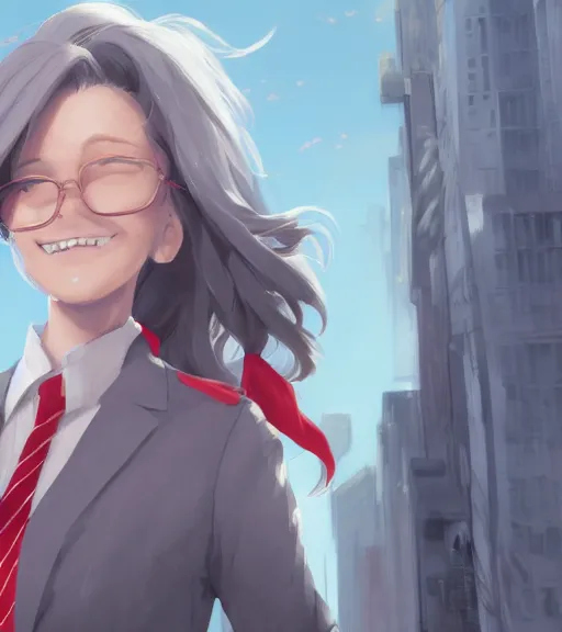 Image similar to a girl in a business, close up, sharp focus, red necktie, grey hair, smiling, city background, digital painting, by tran ross and jordan grimmer and greg rutkowski, anime art, artstation, hd, smooth,