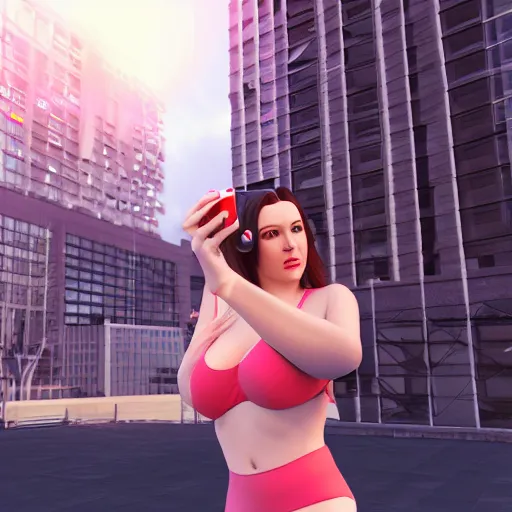 Image similar to « angela white taking a selfie, photorealistic, unreal engine 5, sharp focus, building in the background »
