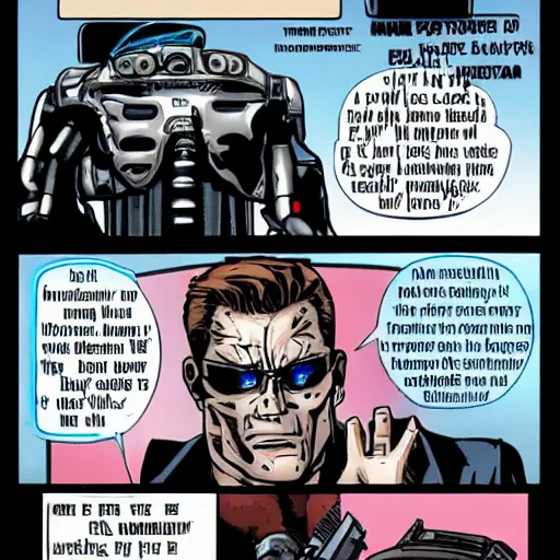 Prompt: terminator says something in a speech bubble with text in it