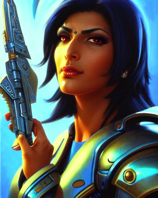 Image similar to pharah from overwatch, fantasy, fantasy art, character portrait, portrait, close up, highly detailed, intricate detail, amazing detail, sharp focus, vintage fantasy art, vintage sci - fi art, radiant light, caustics, by boris vallejo