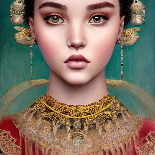 Prompt: tom bagshaw portrait, beautiful asian mix of dove cameron madison beer bella poarch in a full dress body, water goddess queen makeup and ornamentals, professionally retouched, focus eyes, ultra realistic soft painting, insanely detailed linework, symmetrical accurate intricate features, behance, 8 k