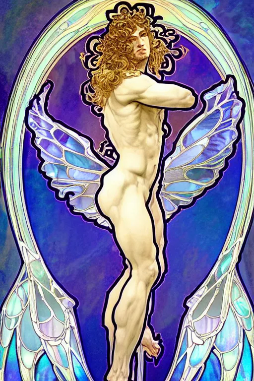 Image similar to full figure art nouveau window depicting a young fit male angel with curly blond hairs, dressed with fluent clothes, majestic wings, luminous halo, by alfons mucha, d & d character, gradient white to gold, in front of an iridescent background, highly detailed portrait, digital painting, artstation, concept art, smooth, sharp focus, illustration, artstation hq