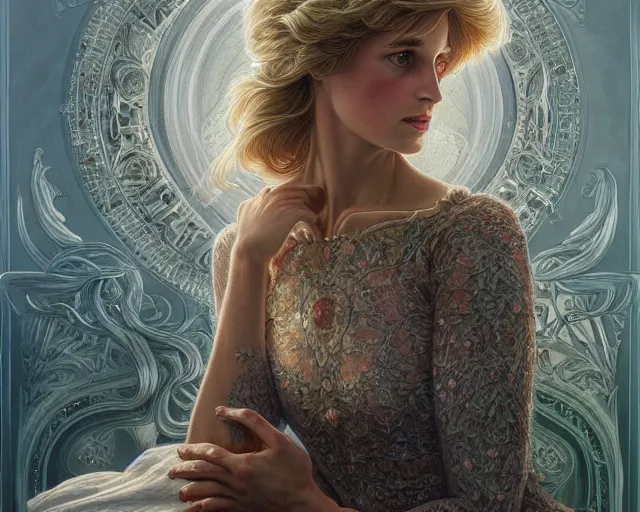 Image similar to photography of laurie lipton, deep focus, d & d, fantasy, intricate, elegant, highly detailed, digital painting, artstation, concept art, matte, sharp focus, illustration, princess diana, art by artgerm and greg rutkowski and alphonse mucha