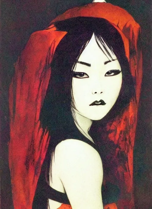 Image similar to portrait of mighty korean vampiress, jeweled veil, strong line, saturated color, beautiful! coherent! by frank frazetta, high contrast, minimalism