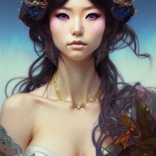 Prompt: Portrait of japanese gyaru, D&D, blue eyes, face, fantasy, intricate, elegant, highly detailed, digital painting, artstation, concept art, smooth, sharp focus, illustration, art by artgerm and greg rutkowski and alphonse mucha