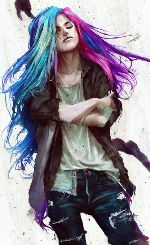 Image similar to a grungy woman with rainbow hair, drunk, soft eyes and narrow chin, dainty figure, long hair straight down, torn kawaii shirt and baggy jeans, basic white background, In style of by Jordan Grimmer and greg rutkowski, crisp lines and color,