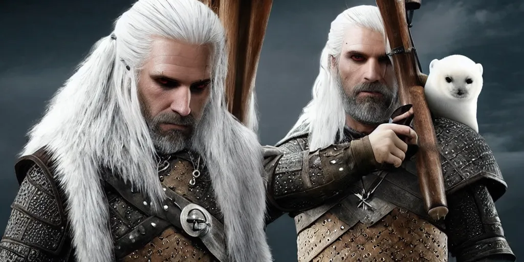 Image similar to a baby harp seal dressed in a witcher costume, dressed as geralt from the witcher, medieval, fantasy, film still