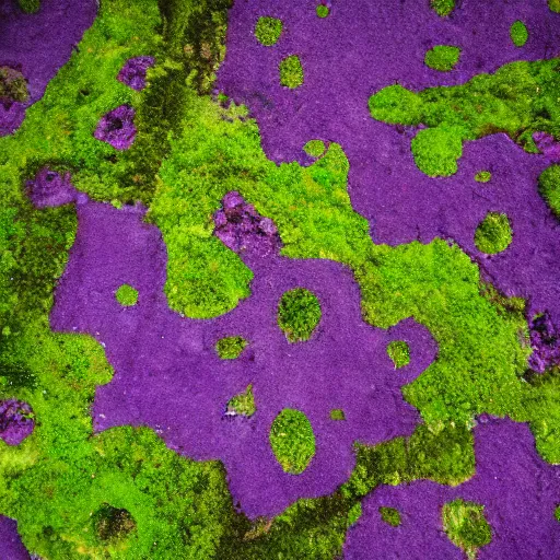 Prompt: landscape covered in purple mold, arial view