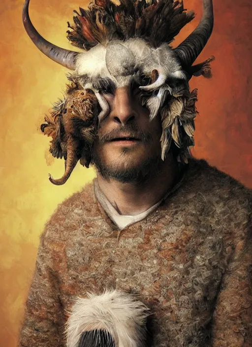 Prompt: a hyper detailed painting of an anthropomorphic joaquin phoenix as the king of animals, cow horns, pig nose, sheep wool, chicken feathers, horror, by anna podedworna, by miklos ligeti, by diego maricato, by taran fiddler, by antonino truisi, by chris reddie, on artstation