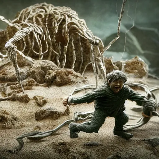 Image similar to claymation of samwise gamgee fighting shelob the spider in LOTR return of the king (2003), gritty, tilt shift, award winning, highly textured, very detailed!, eerie