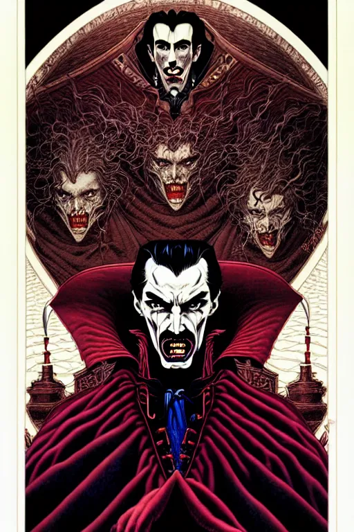 Prompt: portrait of dracula, symmetrical, by yoichi hatakenaka, masamune shirow, josan gonzales and dan mumford, ayami kojima, takato yamamoto, barclay shaw, karol bak, yukito kishiro