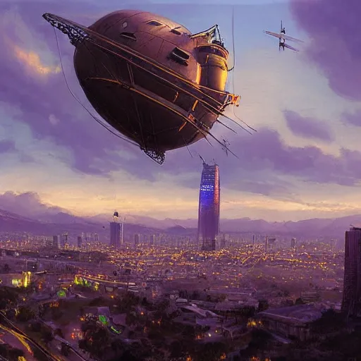 Image similar to a steampunk airship flies over santiago of chile, purple dawn, costanera center, by greg rutkowski and ivan shishkin