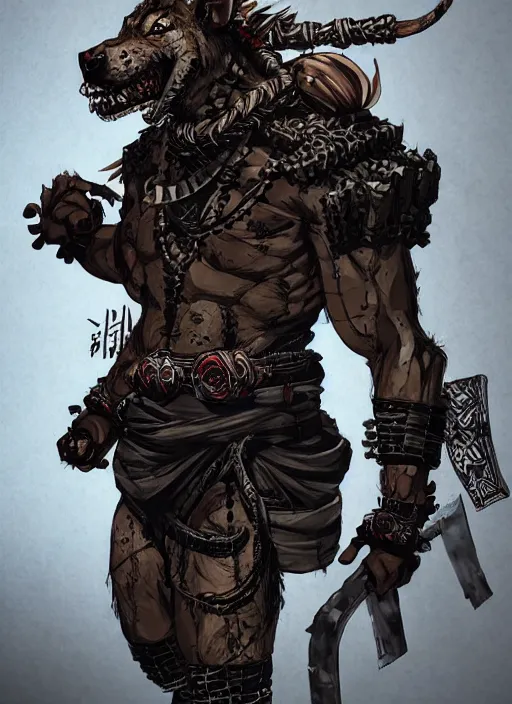 Prompt: Full body portrait of a scarred gnoll with ornate shinobi apparel. In style of Yoji Shinkawa and Hyung-tae Kim, trending on ArtStation, dark fantasy, great composition, concept art, highly detailed, dynamic pose.