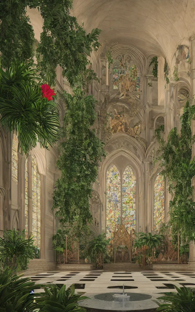 Image similar to cathedral interior with koi pond in the middle surrounded by palm trees, ivy, flowers, tropical plants, roses, and with archways, rendered in octane render with photorealistic lighting, cinematic, horizontal symmetry, a flemish baroque by thomas cole, unsplash, baroque, sanctuary, unsplash contest winner, maximalism, sanctuary