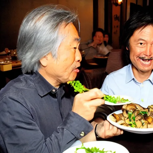 Prompt: Shigeru Miyamoto eating a plate of super mushrooms at an Italian restaurant, photograph, detailed face