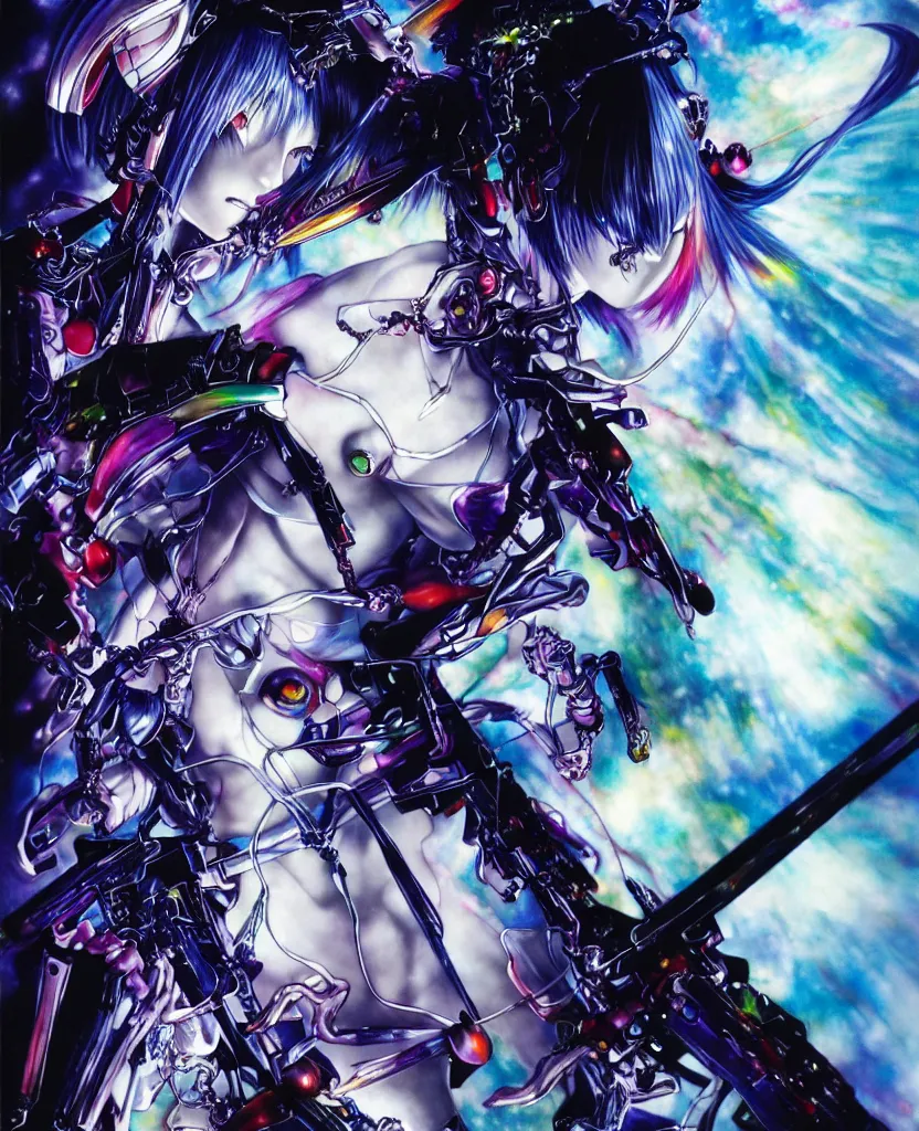 Image similar to realistic detailed image of ultra wrathful rainbow diamond nightmare mega rei ayanami, depth perception, depth of field, action horror, gothic, rich deep colors. by yoshitaka amano, by yukito kishiro, by yoshiyuki sadamoto, masterpiece