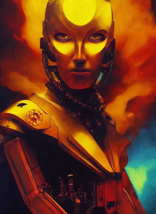 Prompt: ( ( symmetry ) ) closeup portrait of a stunning armored cyborg egirl pirate captain ( ( ( crying in tears ) ) ), strong cinematic light, backlit, red yellow blue, viscous volumetric smoke, mist, by gerald brom, by mikhail vrubel, by peter elson, muted colors, extreme detail, trending on artstation, 8 k