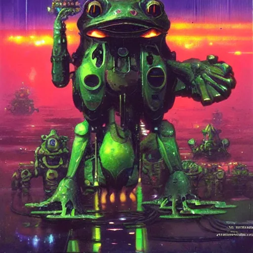 Prompt: a large anthropomorphic frog shaped mecha by paul lehr and moebius