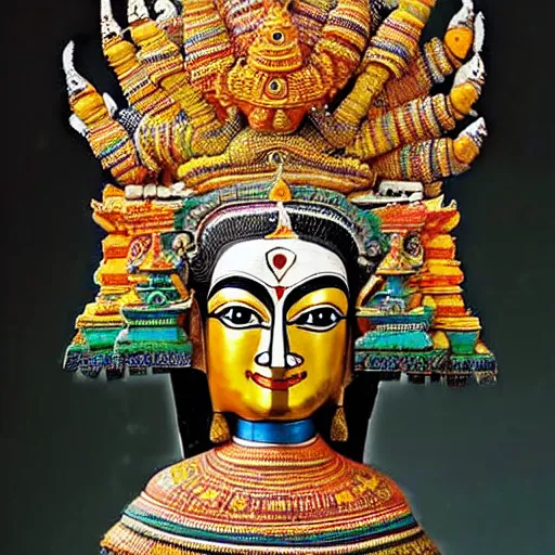 Prompt: a woman wearing an armor and headdress. the armor and headdress is made out of the colors, textures and sculptures of the meenakshi temple in madurai. intricate. detailed.