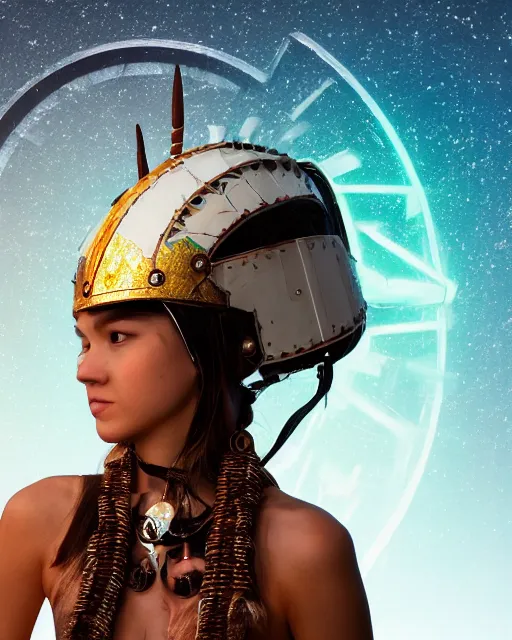 Image similar to centered medium shot fine studio photograph of a beautiful girl wearing only a mecha electronic native sioux indian helmet with bright lights, ultra-realistic, white background, 8k HDR sunset lit, intricate