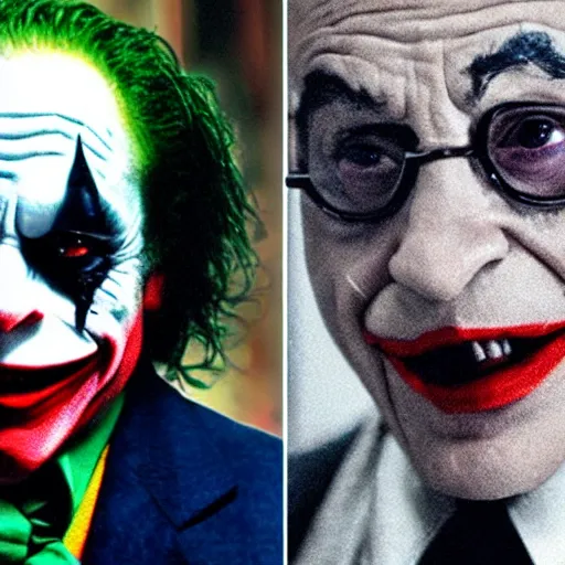 Image similar to Danny Devito as The Joker, still image from Batman movie, shot of face