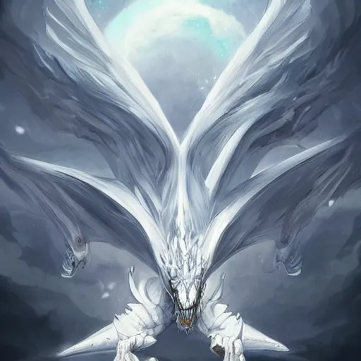 Prompt: an intense white dragon looking directly at the camera, you can see infinite galaxies in its eyes, epic award-winning artwork, trending on ArtStation