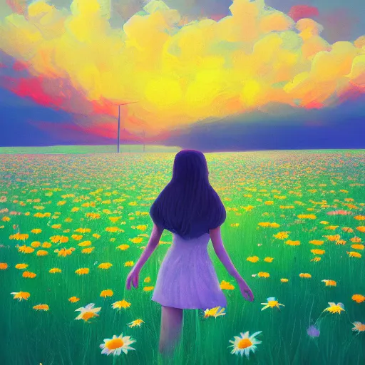 Prompt: girl with a full daisies head, surreal photography, flower field, sunset dramatic light, impressionist painting, colorful clouds, blue sky, digital painting, artstation, simon stalenhag