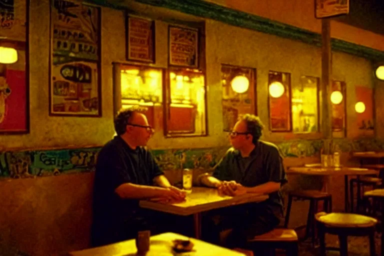 Image similar to old israeli cafe, todd solondz drinking alone, vaporwave colors, state of melancholy, romantic, dimmed lights, realistic