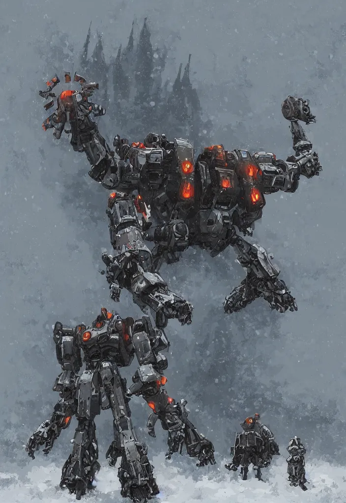 Image similar to Digital Art of a 1914 Mecha in the snow, Rozalski, trending on artstation