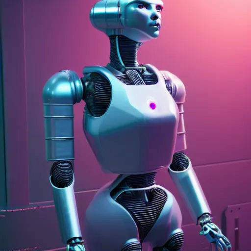 Prompt: hyperrealism stock photo of highly detailed stylish humanoid robot in sci - fi cyberpunk style by gragory crewdson and vincent di fate with many details by josan gonzalez working in the highly detailed data center by mike winkelmann and laurie greasley hyperrealism photo on dsmc 3 system rendered in blender and octane render