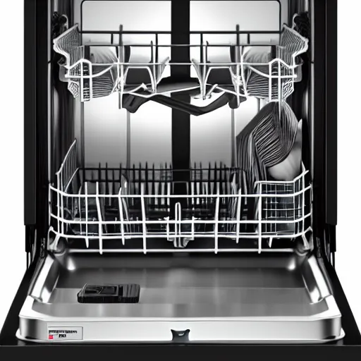 Prompt: open dishwasher with cast iron skillet inside, high quality 4k resolution