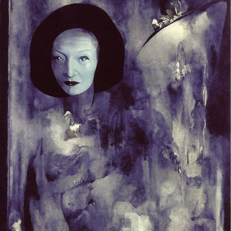 Prompt: A painting of Marlene Dietrich. By l Greco, Remedios Varo, Salvador Dali, Carl Gustav Carus, John Atkinson Grimshaw. Blue tint.
